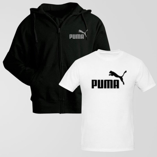 Black Zipper Hoodie With Puma Logo T-Shirt